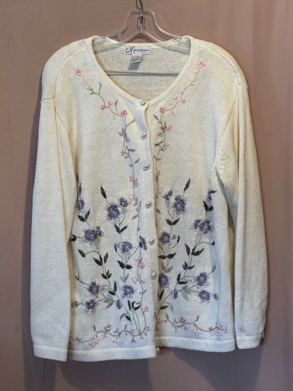 dressbarn Cream Cardigan with Purple & Pink Floral Embroidery